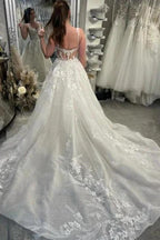 Designer A-Line Lace Sweetheart Sleeveless White Wedding Dress With Train by misshow.com