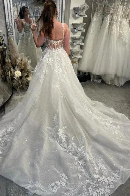 Designer A-Line Lace Sweetheart Sleeveless White Wedding Dress With Train by misshow.com