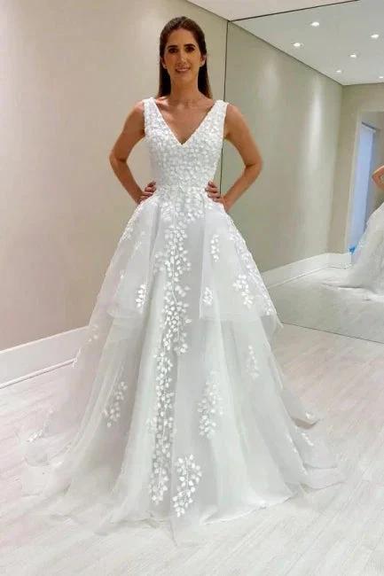 Designer A-Line Lace V-Neck Sleeveless White Wedding Dress With Appliques by misshow.com