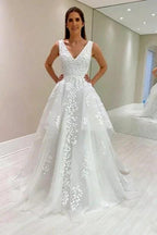 Designer A-Line Lace V-Neck Sleeveless White Wedding Dress With Appliques by misshow.com