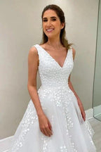 Designer A-Line Lace V-Neck Sleeveless White Wedding Dress With Appliques by misshow.com