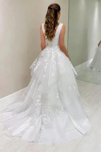 Designer A-Line Lace V-Neck Sleeveless White Wedding Dress With Appliques by misshow.com
