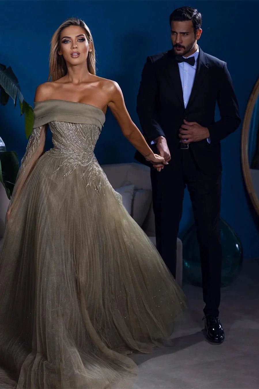Designer A-line Off-the-shoulder Long Sleeves Sequined Prom Dress by misshow.com
