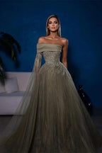 Designer A-line Off-the-shoulder Long Sleeves Sequined Prom Dress by misshow.com