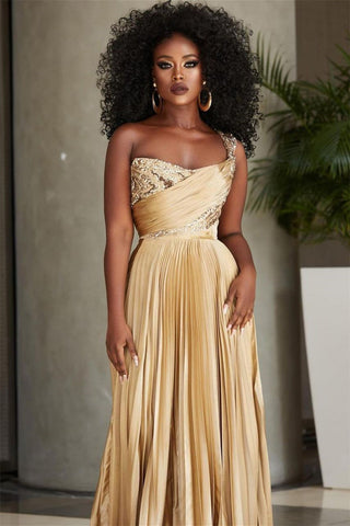 Designer A-line One Shoulder Sequined Prom Dress With Slit