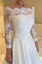 Designer A-Line Satin Lace Long Sleeve White Wedding Dress With Appliques by misshow.com
