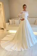 Designer A-Line Satin Lace Long Sleeve White Wedding Dress With Appliques by misshow.com
