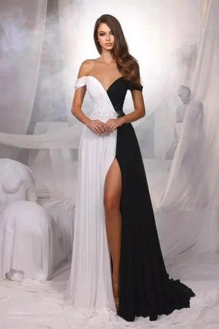 Designer A-Line Satin Off-The-Shoulder Sleeveless Prom Dresses With Split Front by misshow.com
