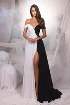 Designer A-Line Satin Off-The-Shoulder Sleeveless Prom Dresses With Split Front by misshow.com