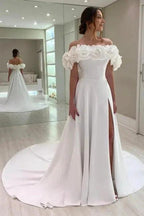 Designer A-Line Satin Off-The-Shoulder Sleeveless White Wedding Dresses With Split by misshow.com