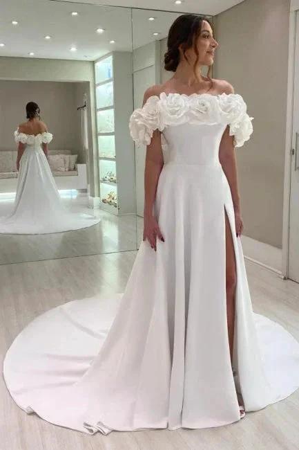Designer A-Line Satin Off-The-Shoulder Sleeveless White Wedding Dresses With Split by misshow.com
