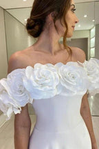 Designer A-Line Satin Off-The-Shoulder Sleeveless White Wedding Dresses With Split by misshow.com