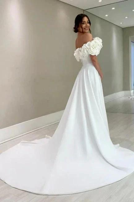 Designer A-Line Satin Off-The-Shoulder Sleeveless White Wedding Dresses With Split by misshow.com