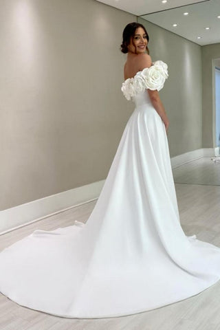 Designer A-Line Satin Off-The-Shoulder Sleeveless White Wedding Dresses With Split