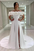 Designer A-Line Satin Off-The-Shoulder Sleeveless White Wedding Dresses With Split by misshow.com