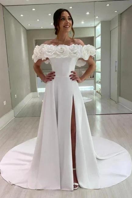 Designer A-Line Satin Off-The-Shoulder Sleeveless White Wedding Dresses With Split by misshow.com