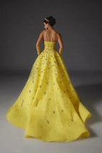 Designer A-Line Satin V-Neck Sleeveless Yellow Prom Dresses With Beading by misshow.com