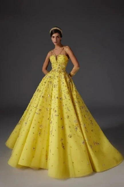 Designer A-Line Satin V-Neck Sleeveless Yellow Prom Dresses With Beading by misshow.com