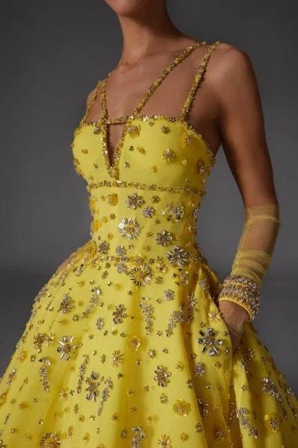 Designer A-Line Satin V-Neck Sleeveless Yellow Prom Dresses With Beading by misshow.com