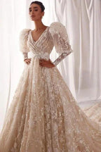 Designer A-Line Tulle Lace V-Neck Long Sleeve Wedding Dress With Appliques Ruffles by misshow.com