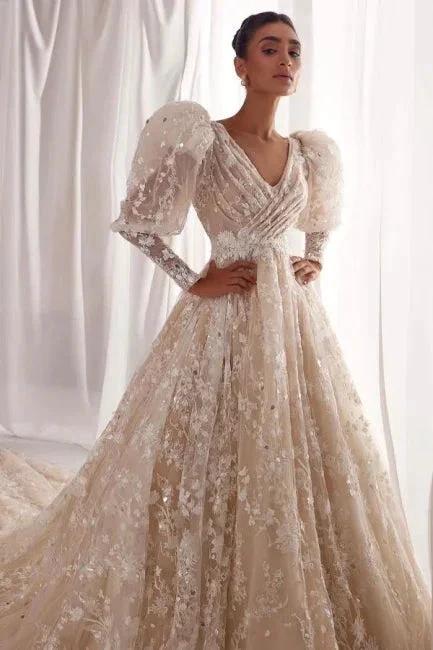 Designer A-Line Tulle Lace V-Neck Long Sleeve Wedding Dress With Appliques Ruffles by misshow.com