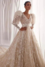 Designer A-Line Tulle Lace V-Neck Long Sleeve Wedding Dress With Appliques Ruffles by misshow.com