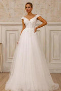 Designer A-Line Tulle Lace V-Neck Sleeveless White Wedding Dress With Appliques by misshow.com
