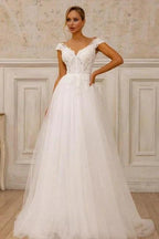 Designer A-Line Tulle Lace V-Neck Sleeveless White Wedding Dress With Appliques by misshow.com