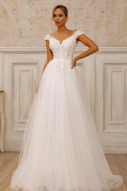 Designer A-Line Tulle Lace V-Neck Sleeveless White Wedding Dress With Appliques by misshow.com