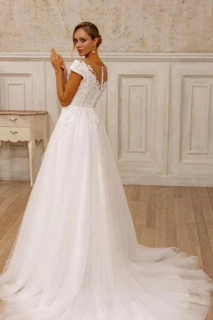 Designer A-Line Tulle Lace V-Neck Sleeveless White Wedding Dress With Appliques by misshow.com