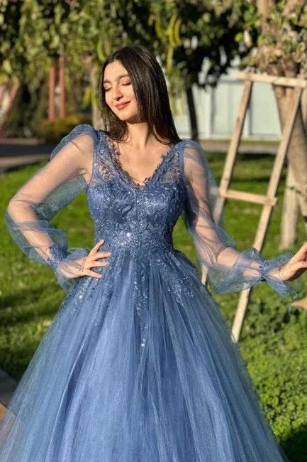 Designer A-Line Tulle V-Neck Long Sleeve Prom Dress With Appliques by misshow.com