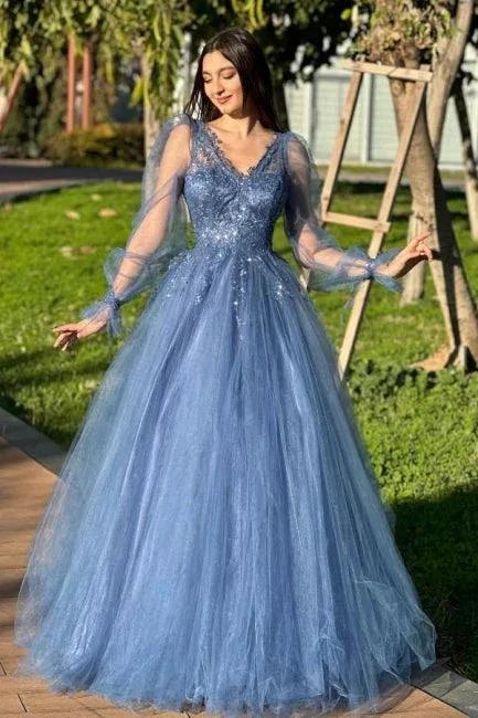 Designer A-Line Tulle V-Neck Long Sleeve Prom Dress With Appliques by misshow.com