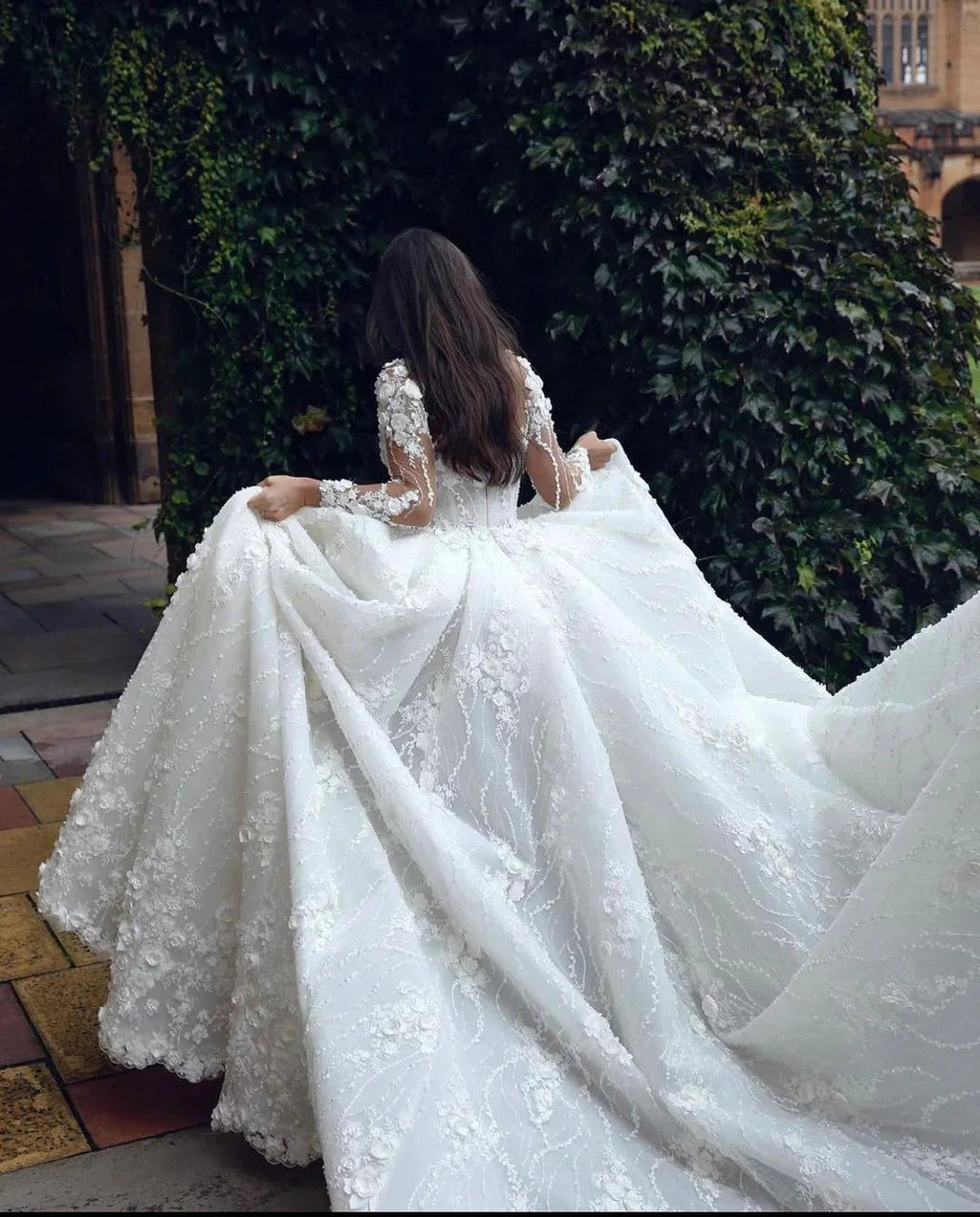 Designer A-line White Long Sleeves Lace Appliques Wedding Dress With Train by misshow.com