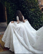 Designer A-line White Long Sleeves Lace Appliques Wedding Dress With Train by misshow.com