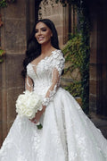 Designer A-line White Long Sleeves Lace Appliques Wedding Dress With Train by misshow.com