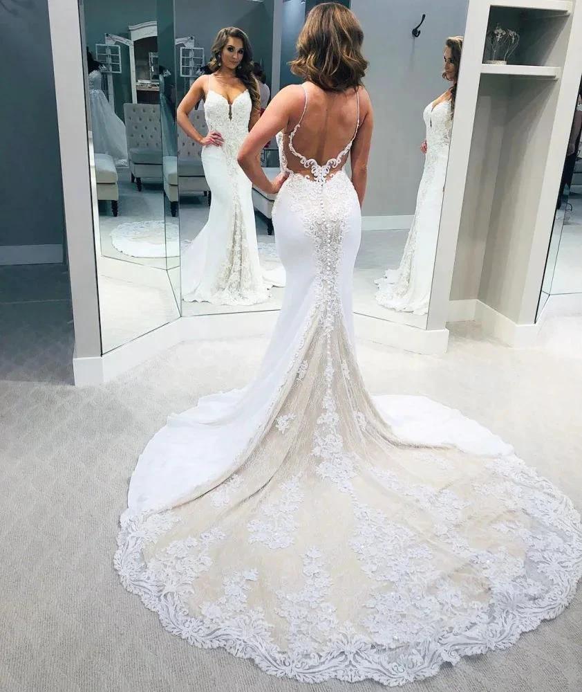 Designer Backless Spaghetti-Straps Column Wedding Dress by misshow.com