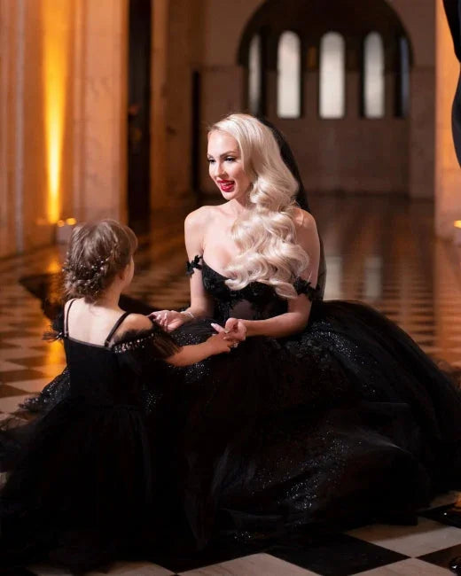 Designer Black A-Line Off-the-shoulder Glitter Wedding Dresses With Lace