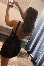 Designer Black One Shoulder Sleeveless Short Homecoming Dresses by misshow.com