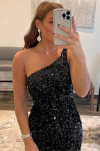 Designer Black One Shoulder Sleeveless Short Homecoming Dresses by misshow.com