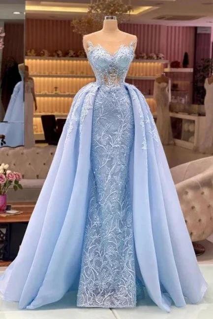 Designer Blue Long Lace Prom Dresses Evening Gowns With Detachable Train by misshow.com