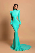 Designer Column High Neck Long Sleeve Beading Satin Prom Dress by misshow.com