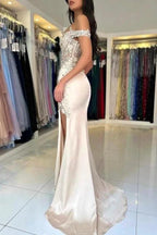 Designer Column Lace Off-The-Shoulder Sleeveless Prom Dress With Split Front by misshow.com