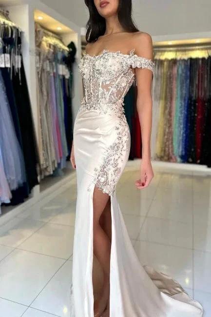 Designer Column Lace Off-The-Shoulder Sleeveless Prom Dress With Split Front by misshow.com