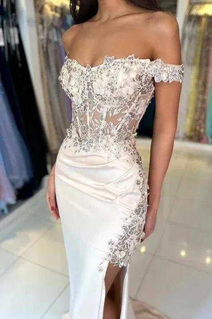 Designer Column Lace Off-The-Shoulder Sleeveless Prom Dress With Split Front by misshow.com
