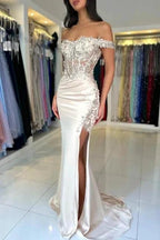 Designer Column Lace Off-The-Shoulder Sleeveless Prom Dress With Split Front by misshow.com