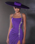 Designer Column Satin Halter Sleeveless Purple Prom Dress With Beading Split by misshow.com