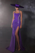 Designer Column Satin Halter Sleeveless Purple Prom Dress With Beading Split by misshow.com