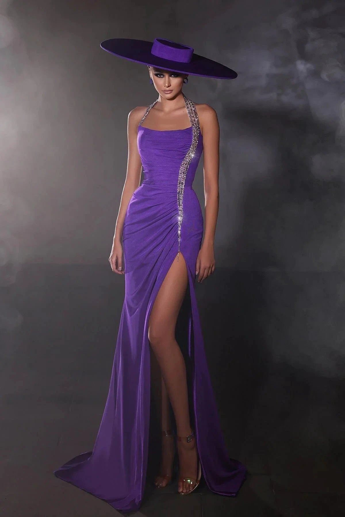 Designer Column Satin Halter Sleeveless Purple Prom Dress With Beading Split by misshow.com