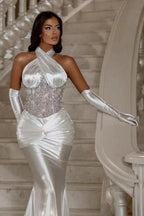 Designer Column Satin Halter Sleeveless Silver Prom Dress With Sequined by misshow.com
