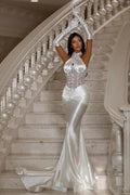 Designer Column Satin Halter Sleeveless Silver Prom Dress With Sequined by misshow.com